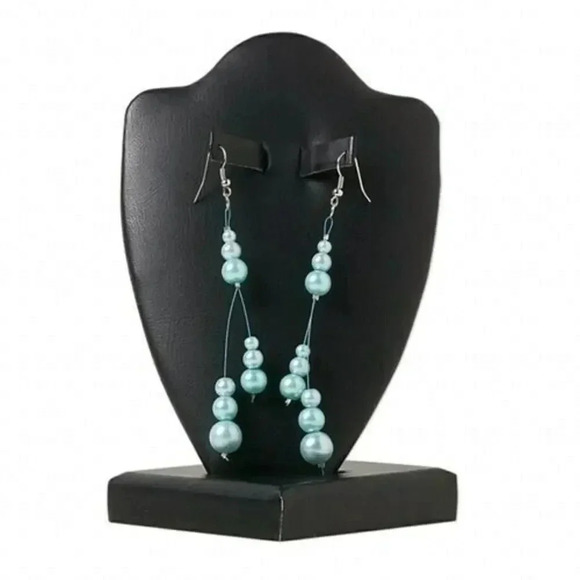 Hand Craft Teal Blue Graduated Glass Pearl Triple Dangle 4" Long Dangle Earrings - Picture 1 of 1